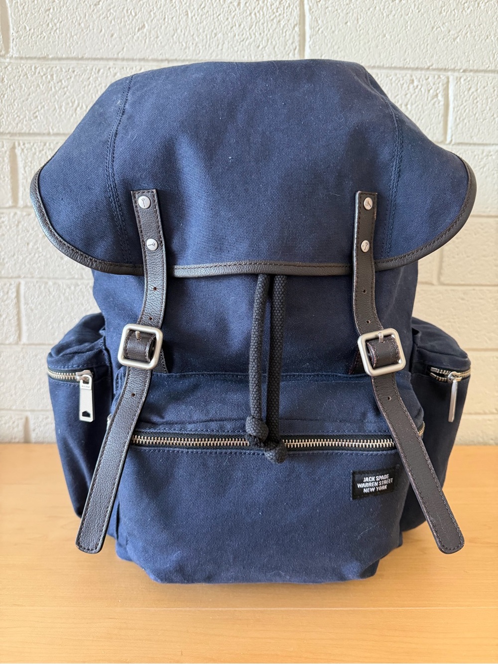 Jack Spade Navy Orange Brown Cotton and Leather Trim Backpack Drawstring Bag